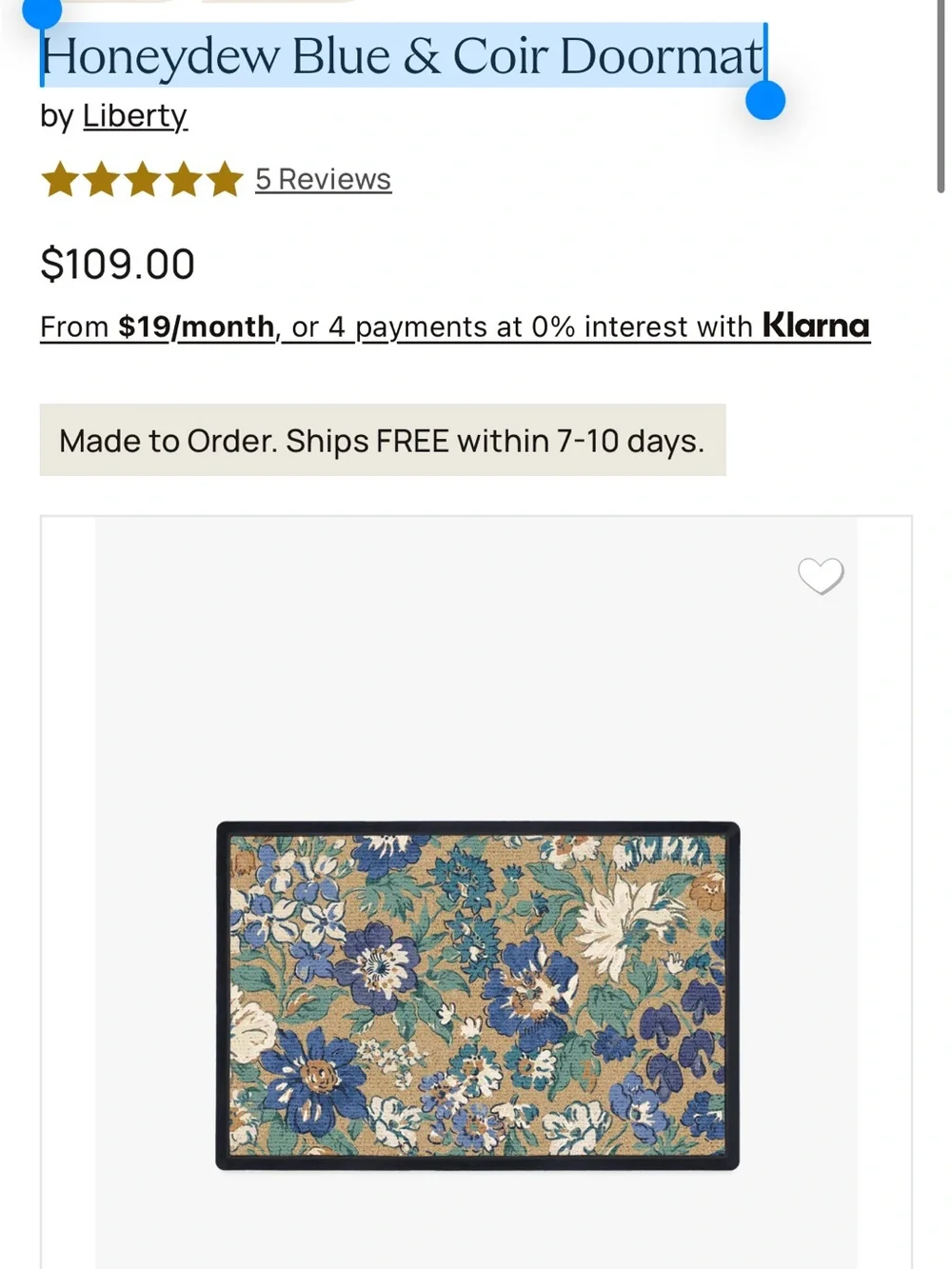 Floral Blue & Tan Honeydew Blue & Coir Doormat - ruggable